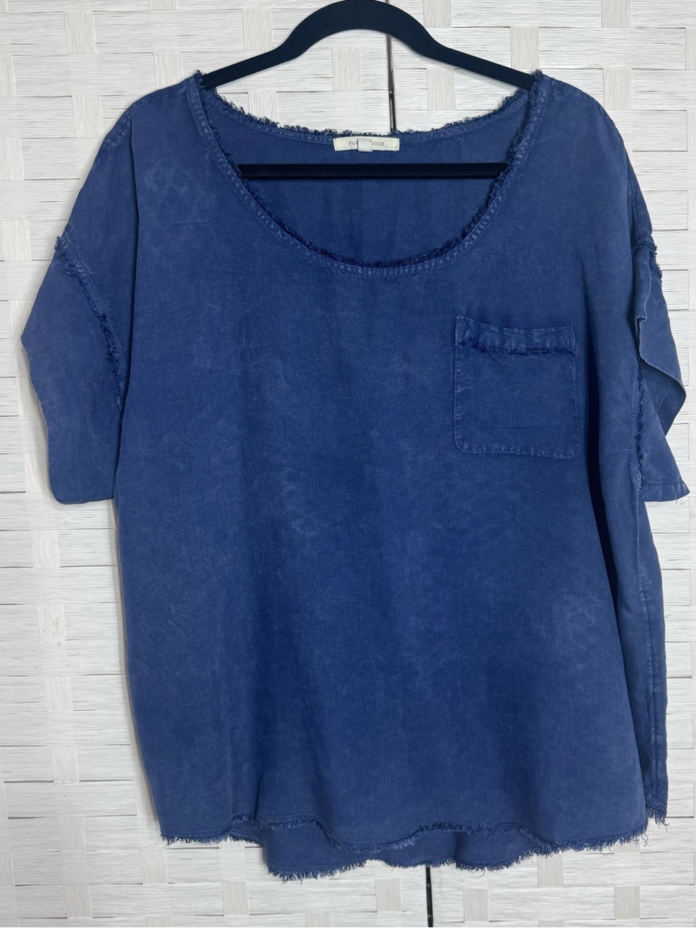 Pure Good Rayon Linen Blend Blue Coastal Beach Vacation Minimalist‎ Shirt Size L